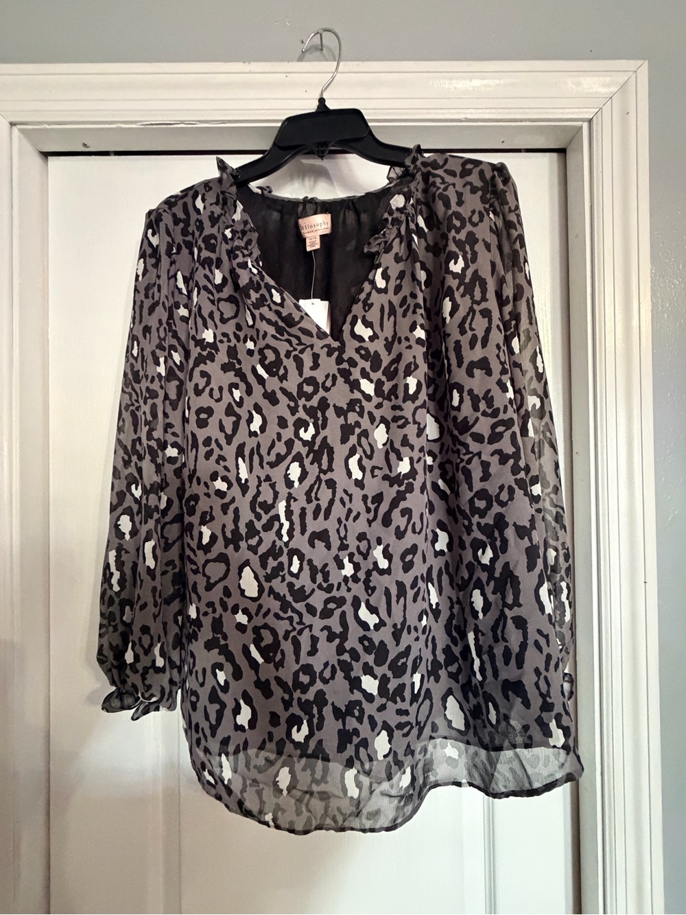 Philosophy Gray and Black Leopard Sheer V-Neck Blouse 1x